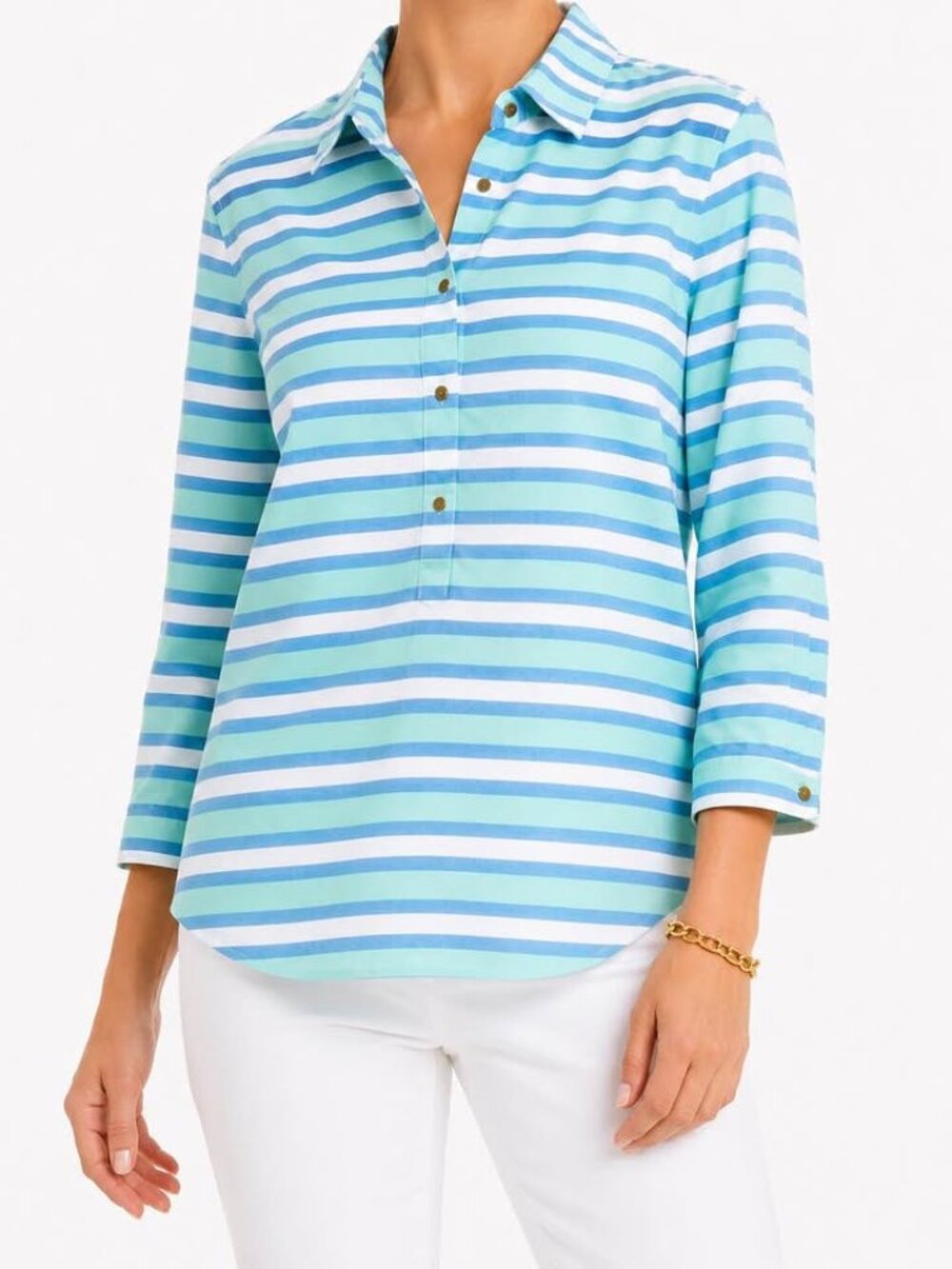 Lands' End Striped Blue Green Grandmillennial Coastal Light Popover Shirt [sz L]